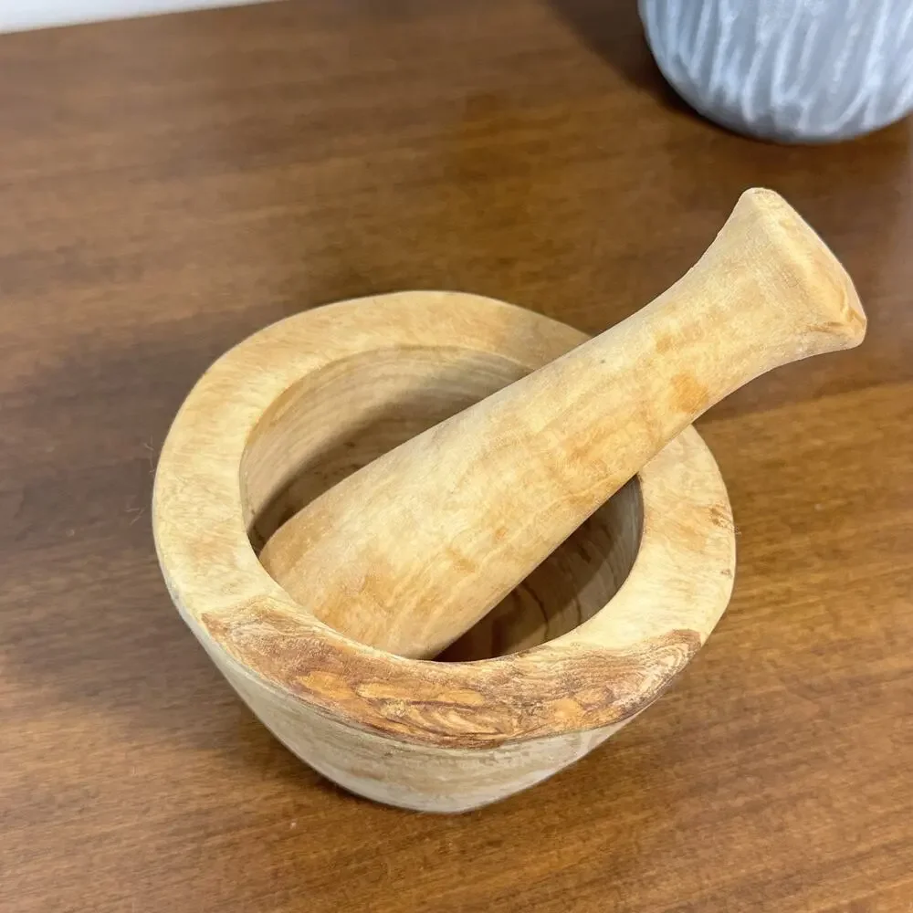 Wooden Mortar and Pestle Set Spice Herb Grinder Natural Wood Kitchen Tool